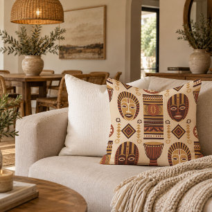 Cultural African Masks Accent Pillow Earthy Tones
