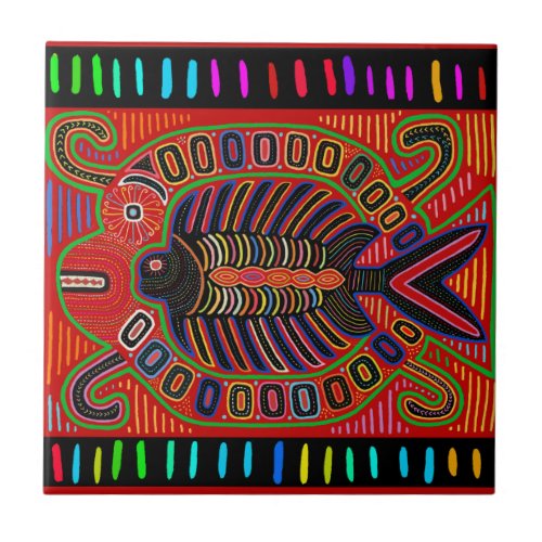 Cuna Indian Mola Flying Fish Ceramic Tile