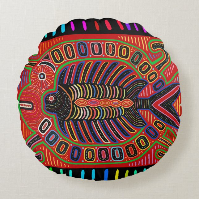 Cuna Indian Mola Flying Fish Round Pillow (Front)
