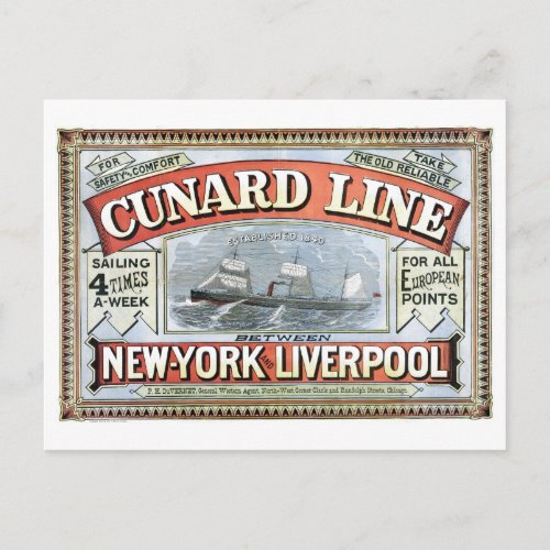 Cunard Line New York Liverpool 1875 Postcard