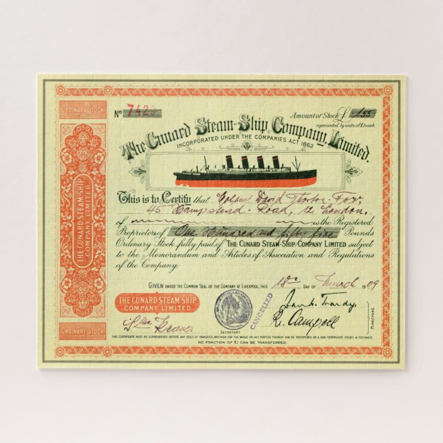 Cunard Steam-Ship Company 1909 Stock Certificate Jigsaw Puzzle (Horizontal)