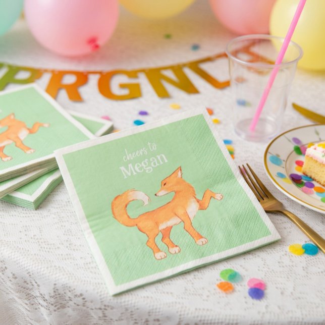 Cunning Fox Mint Green Personalized Birthday Paper Napkins (Creator Uploaded)