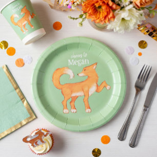 Cunning Fox Mint Green Personalized Birthday Paper Plates