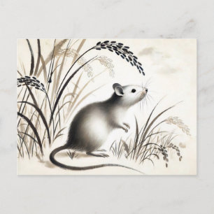 Cunning Rat Under Rice Plant. ink zodiac Holiday Postcard
