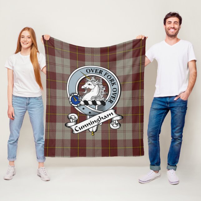 Cunningham Burgundy Dancers Clan Badge Tartan Plai Fleece Blanket (In Situ)