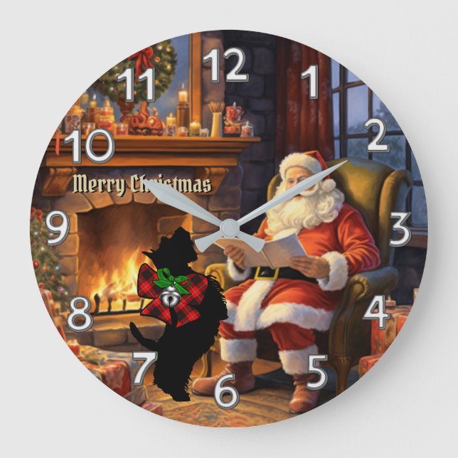 Cunningham Scottie Dog & Santa Personalized Xmas Large Clock (Front)