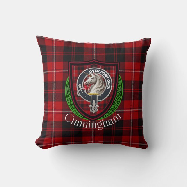 Cunningham Scottish Clan Tartan & Crest Throw Pillow (Front)