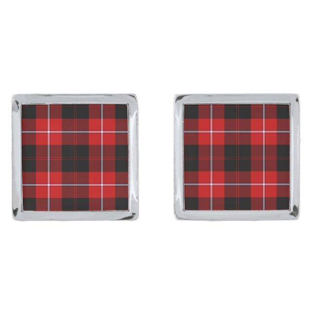Cunningham Tartan Red Black Plaid Silver Cufflinks (Front)