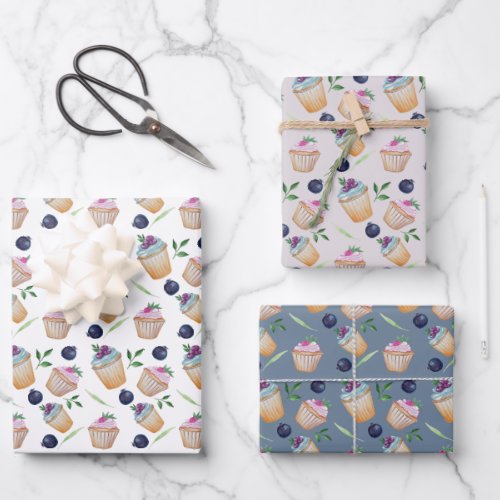 Cup Cakes And Fruits Watercolor Pattern Wrapping Paper Sheets