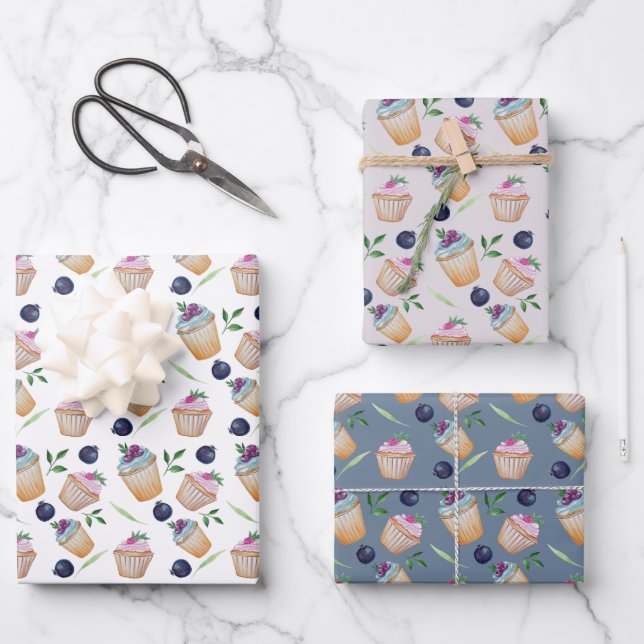 Cup Cakes And Fruits Watercolor Pattern Wrapping Paper Sheets (Front)