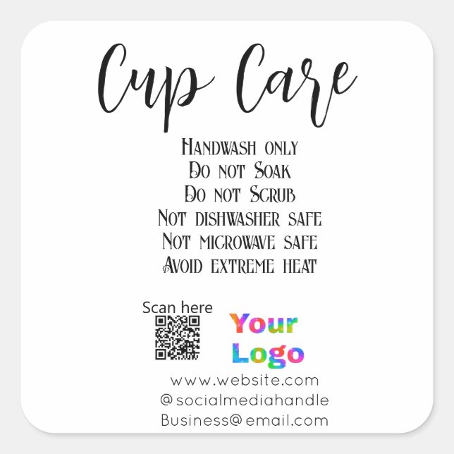 Cup care instructions add business name logo detai square sticker (Front)