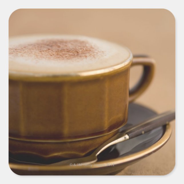 Cup of cappuccino with cocoa powder square sticker (Front)