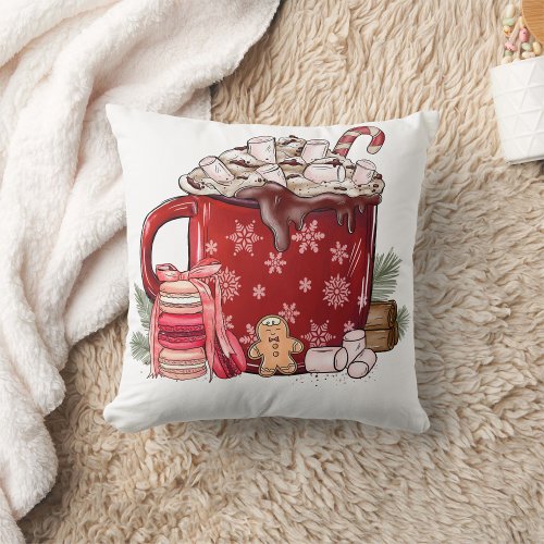 Cup of chocolate with cookies and holy throw pillow