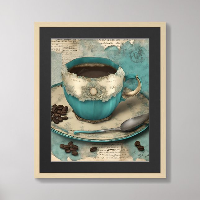 Cup of coffee, Junk Journal wall art deco  (Framed Front)