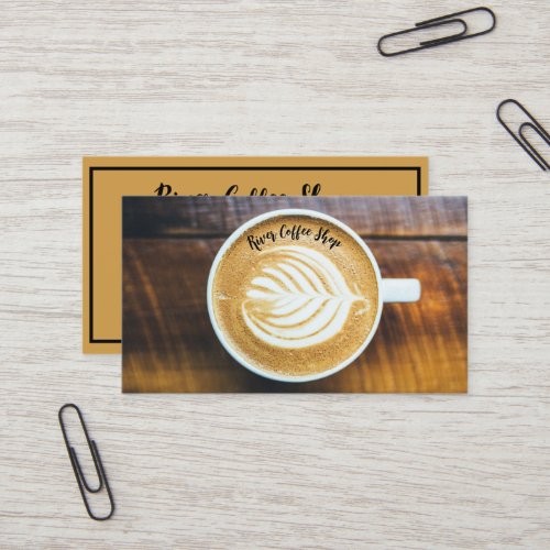 Cup of Coffee Latte Leaf_Shape Foam on Wood Name Business Card