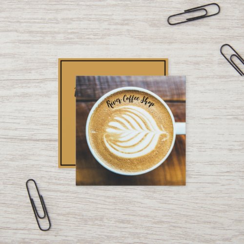 Cup of Coffee Latte Leaf_Shape Foam on Wood Name Square Business Card