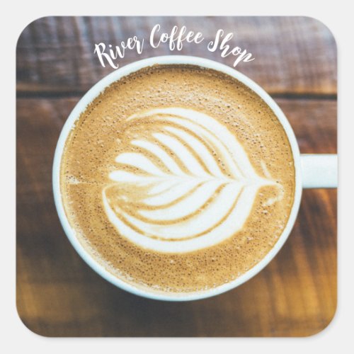 Cup of Coffee Latte Leaf_Shape Foam on Wood Name Square Sticker