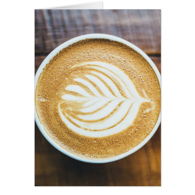 Cup of Coffee Latte with Leaf-Shape Foam on Wood Cards (Front)