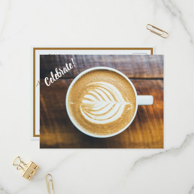 Cup of Coffee Latte with Leaf-Shape Foam on Wood Invitation Postcard (Front/Back In Situ)