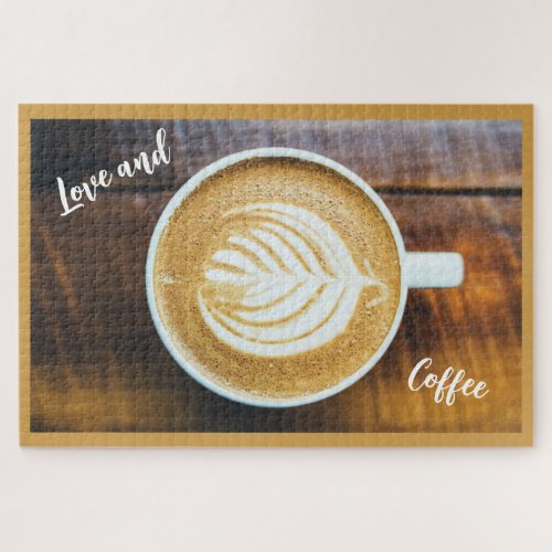 Cup of Coffee Latte with Leaf_Shape Foam on Wood Jigsaw Puzzle