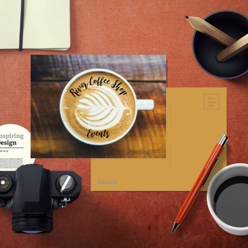 Cup of Coffee Latte with Leaf_Shape Foam on Wood Postcard