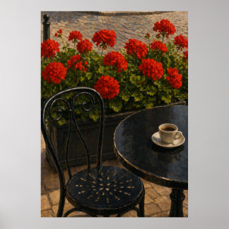 Cup of Coffee on Cafe Table Beside Red Geraniums Poster