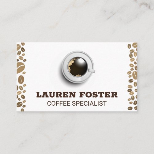 Cup of Coffee on Saucer  Top View  Coffee Beans Business Card