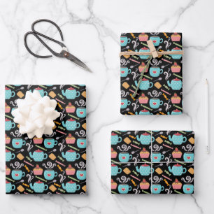 Cup of Coffee Tea Biscuit Cupcake Teapot Black Wrapping Paper Sheets