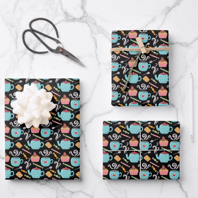 Cup of Coffee Tea Biscuit Cupcake Teapot Black Wrapping Paper Sheets (Front)