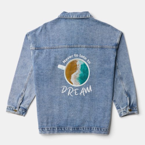 Cup of coffee with beach and ocean filling  dream  denim jacket