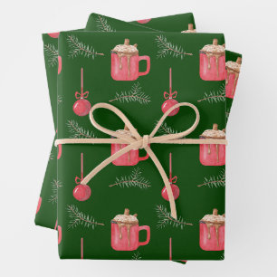 Cup of Hot Chocolate and Christmas Ornaments Wrapping Paper Sheets