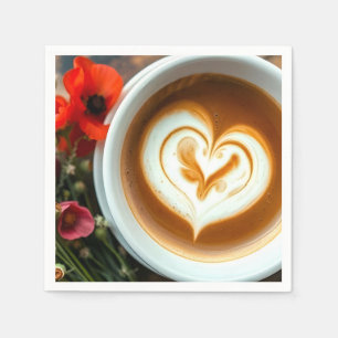Cup Of Hot Coffee With Heart Shape Latte Art Napkins