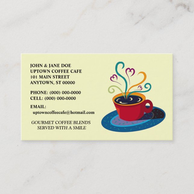 CUP OF JAVA COFFEE SHOP CAFE STORE BUSINESS CARDS (Front)