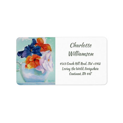 Cup of Pansy Flowers in Watercolor Address Label