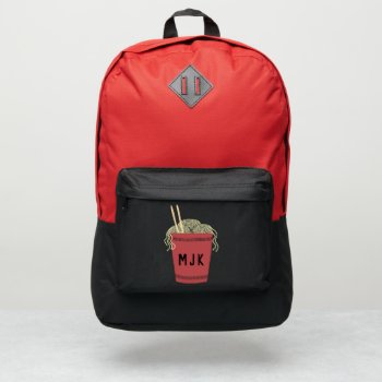 Cup Of Ramen Noodles In Red Personalized Monogram Port Authority® Backpack by AwkwardDesignCo at Zazzle