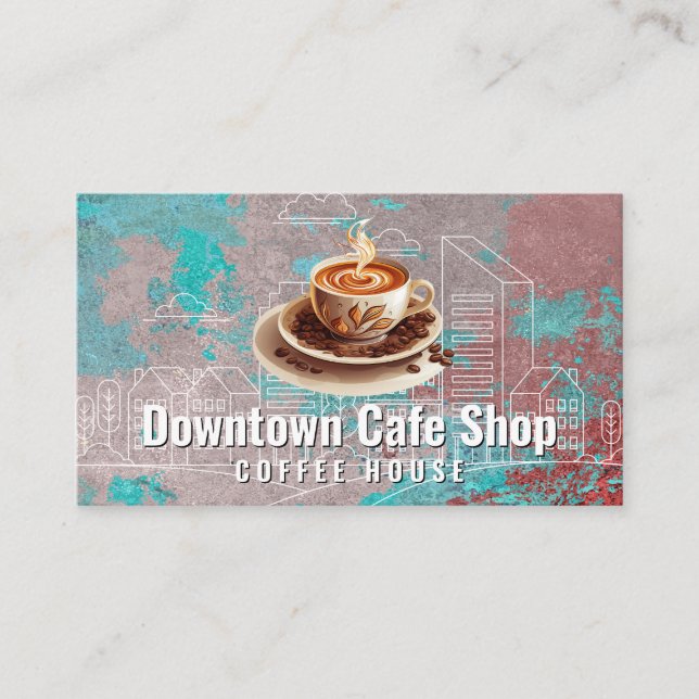 Cup of Steaming Coffee | City Skyline Business Card (Front)