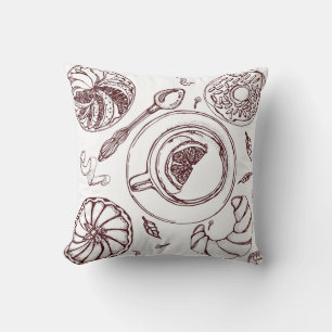 Cup of tea, a pastry, croissant, vintage, hand throw pillow