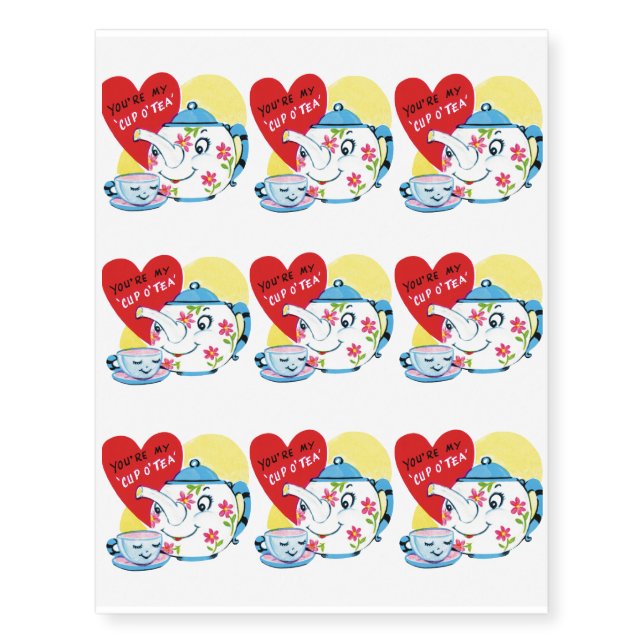 Cup of tea love old illustration temporary tattoos (Front)