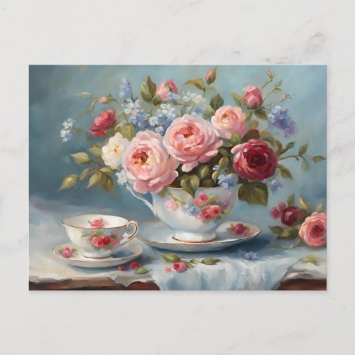 Cup of Tea with Beautiful Flowers  Postcard