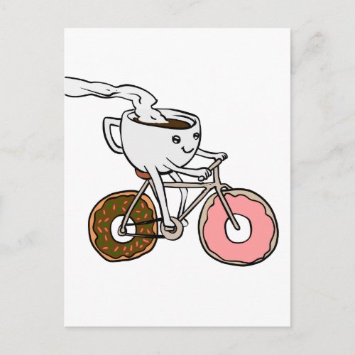 Cup riding a bicycle with donut wheels postcard