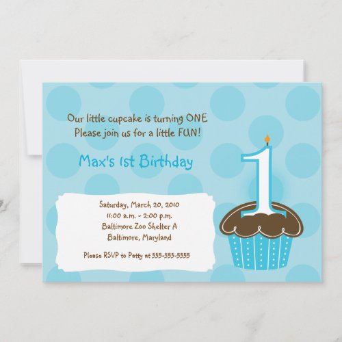 Cupcake 1st Birthday blue dot Modern Invitations