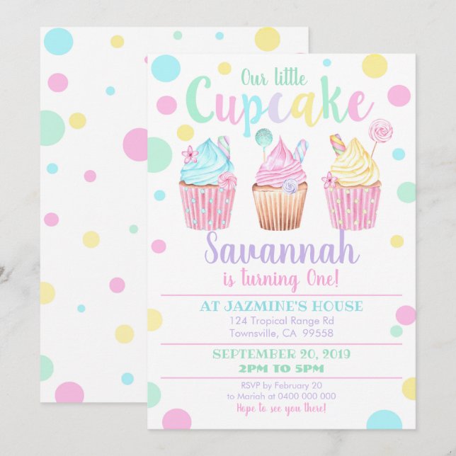 Cupcake 1st Birthday Invitation Our Little Cupcake (Front/Back)
