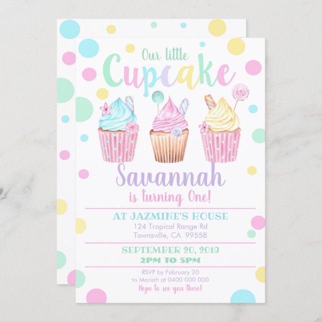 Cupcake 1st Birthday Invitation Our Little Cupcake (Front/Back)