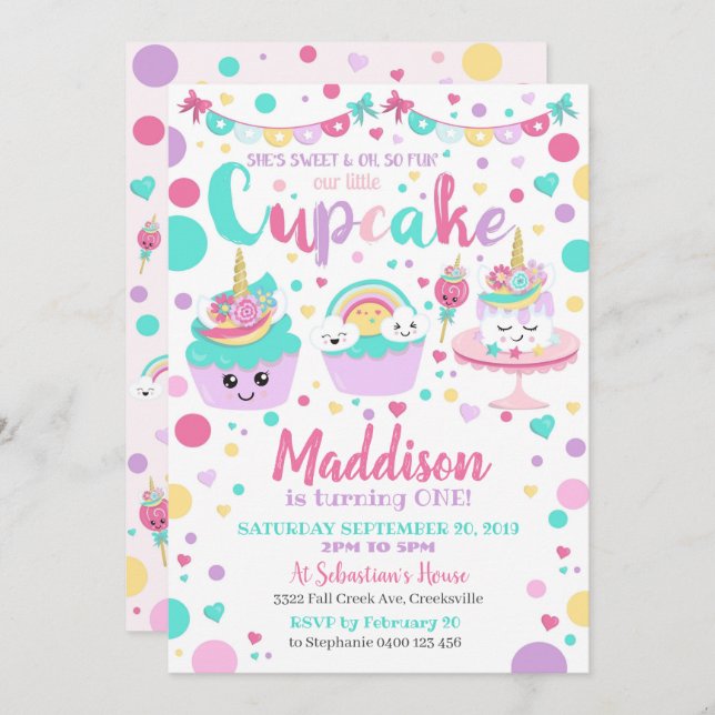 Cupcake 1st Birthday Invitation - Unicorn Cupcake (Front/Back)