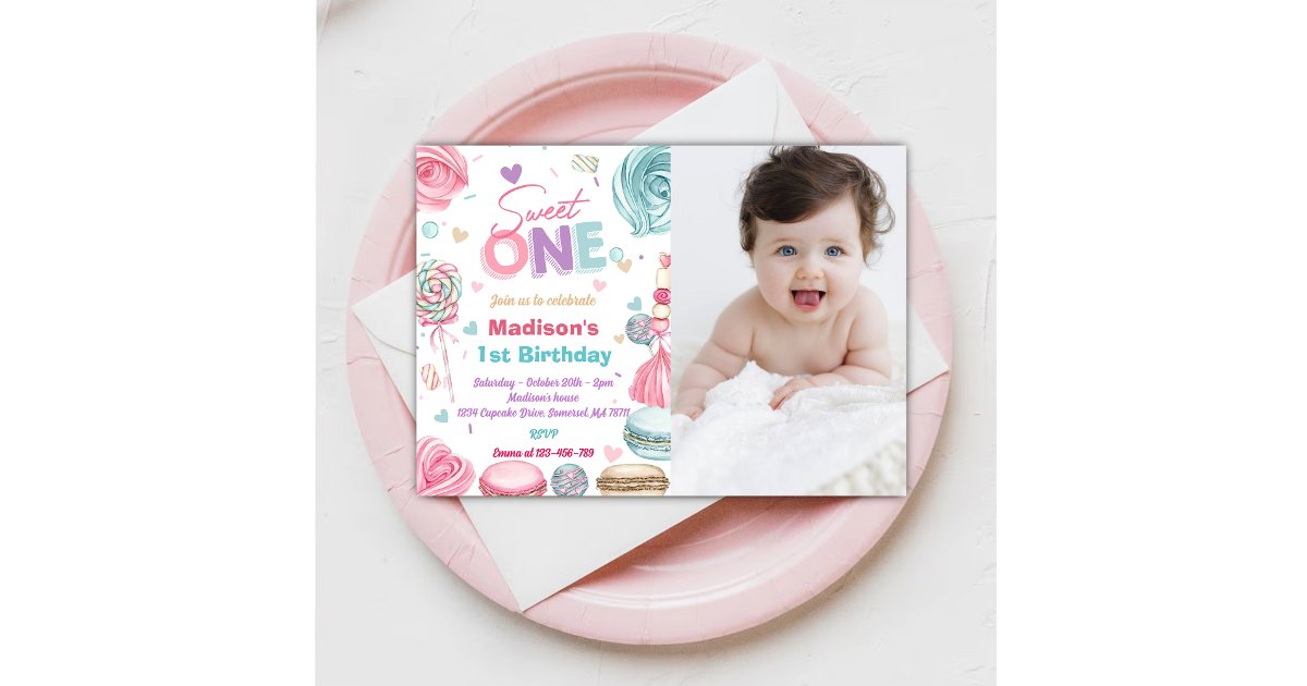 Cupcake 1st Birthday Party One Sweet Candy Invitation | Zazzle