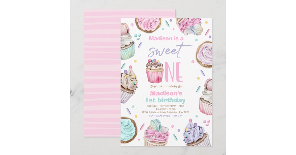 Cupcake 1st Birthday Party Sweet One Candy Party Invitation | Zazzle