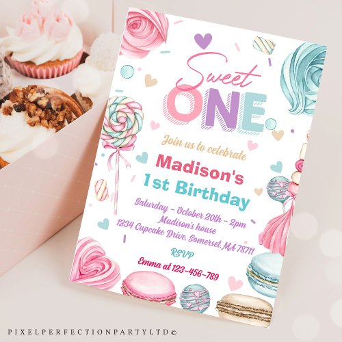 Cupcake 1st Birthday Party Two Sweet Candy Invitation