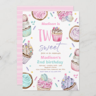 Cupcake 2nd Birthday Party Two Sweet Candy Party Invitation