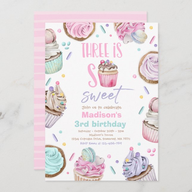Cupcake 3rd Birthday Party Three Is So Sweet Candy Invitation (Front/Back)