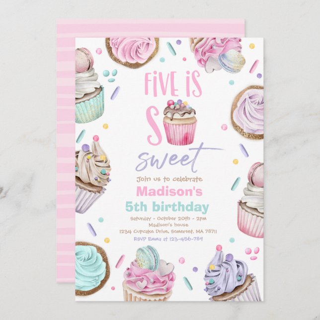 Cupcake 5th Birthday Party Five Is So Sweet Candy Invitation (Front/Back)